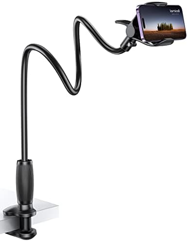 Lamicall Gooseneck Bed Phone Holder - [80 mm Clamp Base] Universal Flexible Lazy Arm for Desk, 360 Overhead Phone Mount Clip for iPhone 17 16 15 14 13 12 Series, Xs XR, Samsung, 4-7” Cellphone - Black