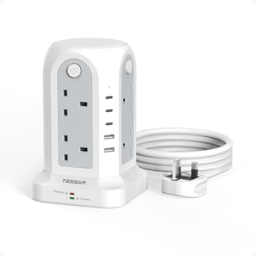 TESSAN Tower Extension Lead with 5 USB Slots, 8 Way Power Strip 2M