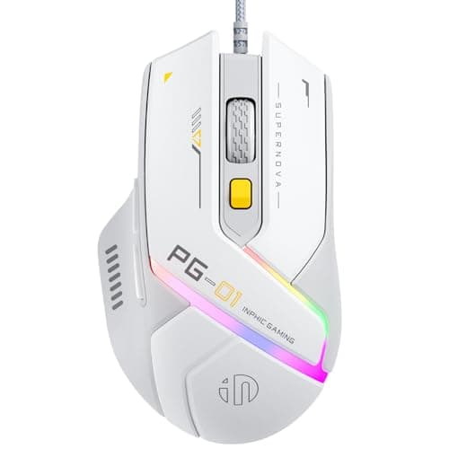 INPHIC PG1 Gaming Mouse, RGB Gamer Mouse Wired with 6 Programmable Buttons, 12800 DPI Tracking, Chroma RGB Backlit, PC Computer Mice for Windows/Mac, White Gray