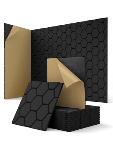 Acoustic Wall Panels Self Adhesive, Honeycomb Peel and Stick Sound Absorbing Panels for Walls, Decorative Hexagon Design Art Tiles for Studio, Home Office, Gaming Room, 12 Pack 12"x12"x0.4", Black