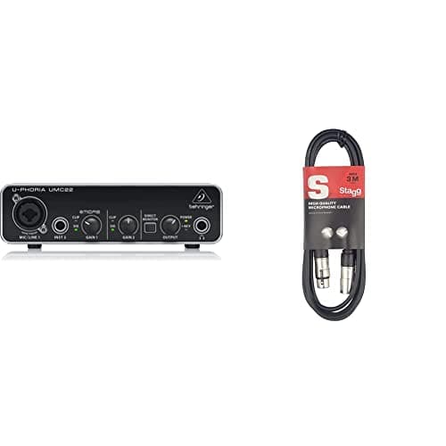 Behringer UMC22 audiophile 2x2 USB audio interface with Midas microphone preamp & Stagg SMC3 3m XLR to XLR Plug Microphone Cable, Black