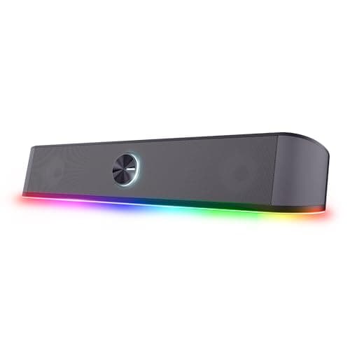 GXTrust Rhox RGB Illuminated Soundbar, PC Speakers 12W Peak Power, Grey | 3.5mm Jack Plug and Play, Stereo Sound, for Desktop Laptop Computer