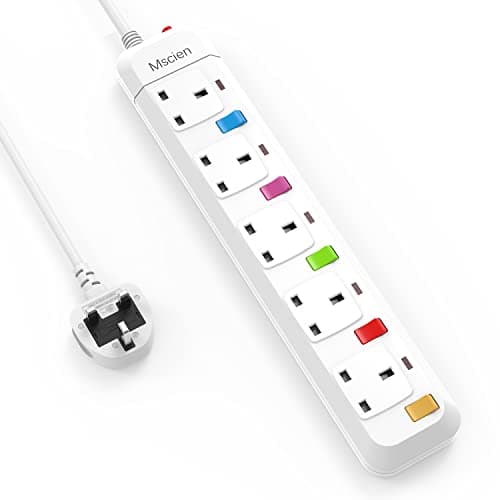 Mscien Multi Scokets Extension Lead Individually Switched 5 Way Surge Protected Power Strip Wall Mountable Extension Cord 1.8M (Including Main Product)
