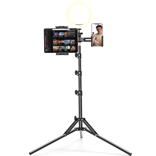 JUBORUI 3-in-1 Tablet Tripod Stand, 63" Height Adjustable iPad Floor Stand with 2 Holders, 360° Rotating iPad Tripod Mount for Camera, Microphone, Ring Light, All 4.7-12.9" Tablets and Phone