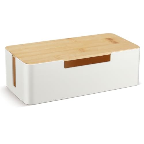CRROEL Cord Management, Cable Management Box, Cable Organizer Storage Box with Bamboo Lid for Hiding Messy Cables Wire Management,for Home Office/TV, Cable Hider Box Fits Multiple Cables- White