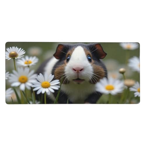 Large Gaming Mouse Pad - Cute Daisy Guinea Pig Print Rubber Base Desk Mat, Desk Pad with Stitched Edges, Mousepad for Laptop, PC Keyboard Mouse Mat for Office Work Game 16x35.5 Inch