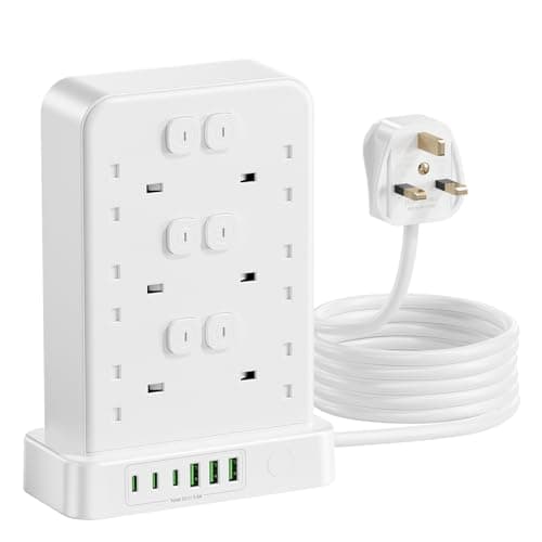 Tower Extension Lead with USB Slots, 12 Way 13A 3250W Power Strip with 12 Individual Switches, 3 USB-C and 3 USB-A Ports, 2M Extension Cable, Fused UK Plug Multi Socket for Home Office Desk
