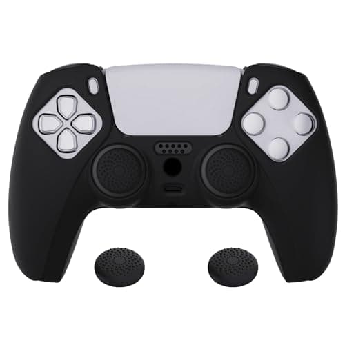 PlayVital Black Pure Series Anti-Slip Silicone Cover Skin for ps5 Controller, Soft Rubber Case for ps5 Wireless Controller with Black Thumb Grip Caps