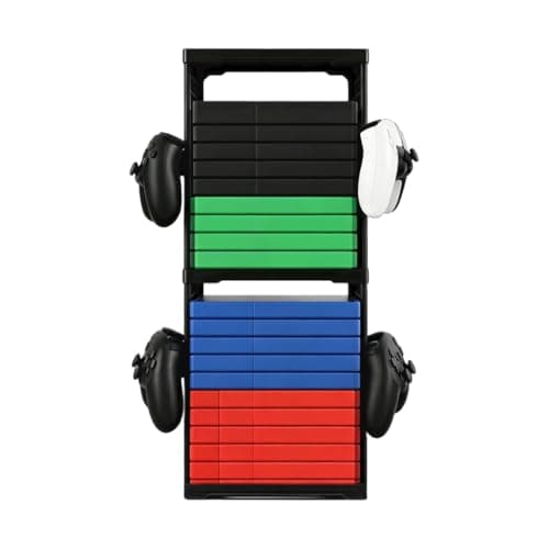 BREEZENEST Game Storage Tower Universal Game Storage Rack Vertical Stand Holds 24 Discs with Controller & Headset Hooks Double Layer Space Saving Organizer Black