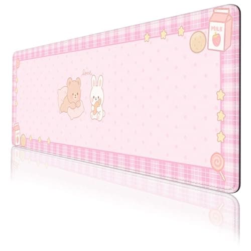 Cute Animals Gaming Mouse Pad Pink Kawaii Cartoon Rabbit Bear Extended Gaming Mouse Pad Mat with Stitched Edge Non-Slip Base Big Mousepad