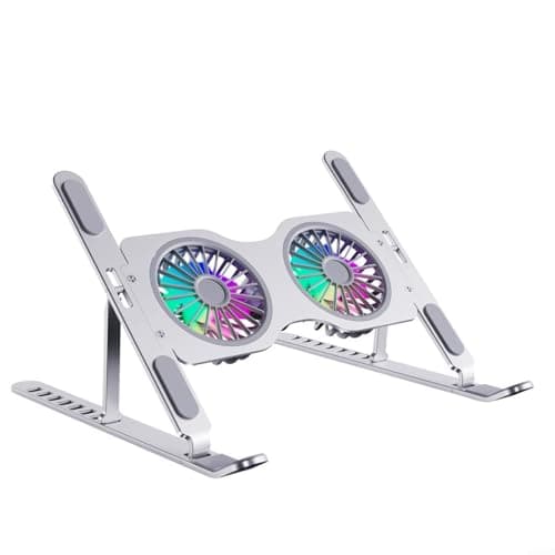 Aluminum Laptop Cooling Stand with Dual Fans - Adjustable Ergonomic Notebook Riser, Portable Lightweight Cooler Pad with RGB for LIGHTING for Office Gaming Travel Use(Silver)