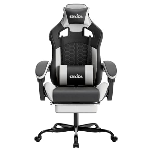 SUKIDA Ergonomic Gaming Chair for Adult, Comfortable Desk Chair with Massage, Comfy Headrest and Lumbar Support Pc Office chairs with Footrest, Height Adjustable Rotating Task Chairs