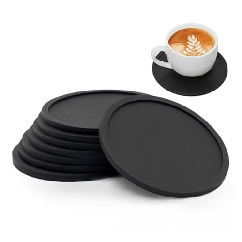 8 PCS Black Coasters - Non Slip Silicone Cup Pad Set, Round Mug Mats for Drinks, Coffee, Milk, Beer, Tea (Black)