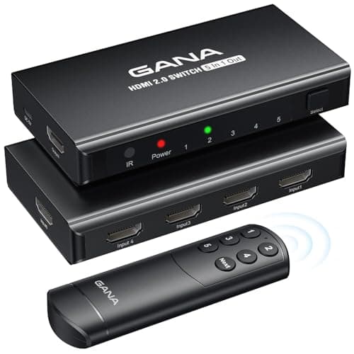 HDMI Switch 5 in 1 Out 4K@60Hz, GANA HDMI Splitter Switcher with Remote, Aluminum Hdmi 2.0 Switch Box Hub for 3D, HDCP2.2, HDR, Compatible with Xbox, PS5/4/3,Fire Stick,Roku,Blu-Ray Player, Black