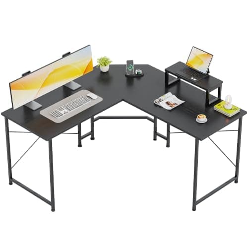 CAIYUN Corner Desk, 50" L Shaped Gaming Desk with Removable Monitor Stand, Computer Desk for Home Office, Metal Frame, Black