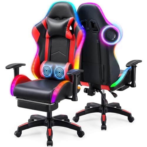 Warmiehomy RGB Gaming Chair with LED Lights and Bluetooth Speakers, Ergonomic Reclining Gaming Chair for Adults with Footrest,Video Game Chair with Adjustable 2D Armrests and Massage, High Back, Red