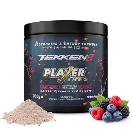 Player Ammo TEKKEN 8 Gaming Energy Drink Powder, Berry Burst - Nootropic Focus & Energy Boost, Sugar Free, No Crash - 60 Servings with Caffeine, Ashwagandha & L-Theanine (Jin & Kazuya)