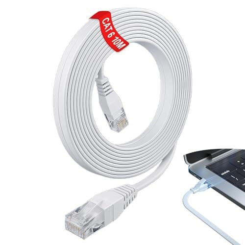 Ailah Cat6 Flat Ethernet Cable 10m High Speed LAN with RJ45 Cable Connectors, Ultra Thin White 10m Ethernet Cable for Stable Gigabit Networking at Home and Office