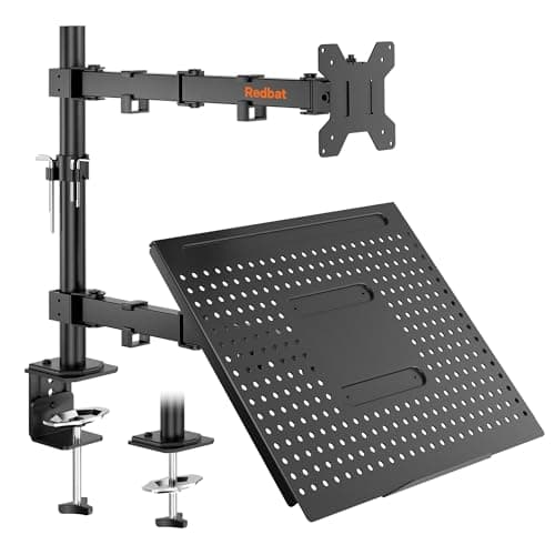 Redbat Adjustable Monitor Arm Desk Mount with Laptop Tray for 13–32 Inch Screens and Laptops up to 16 Inch, Full Motion Height Adjustable, VESA 75/100mm, C-Clamp and Grommet Mount, Cable Management