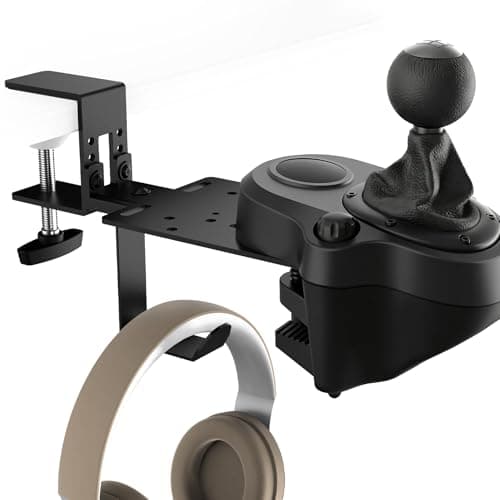 Racing Shifter Desk Mount - Racing Simulator Shifter Mount Clamp with Headphones Holder, Compatible with Logitech, Thrustmaster, Fanatec, Moza, Simagic, Turtle Beach & Heusinkveld Sim Racing Shifters