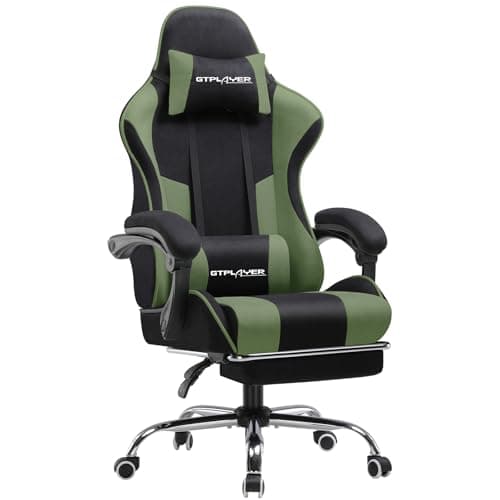 GTPLAYER Fabric Gaming Chair, Massage Ergonomic Computer Chair with Footrest, Lumbar Support, Headrest, Height Adjustable Home Office Reclining PC Racing Chairs, Green