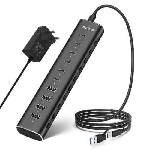 RSHTECH 60W Powered USB Hub, 10-Port (6C+4A) USB C 3.2 10Gbps Data Hub