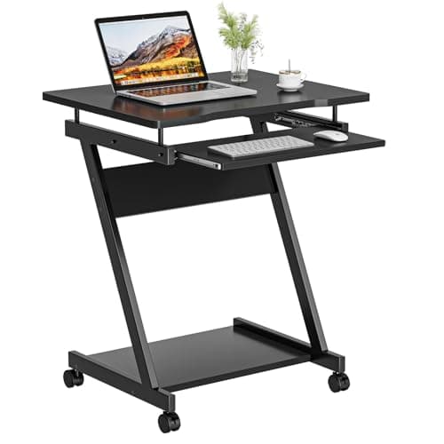 Dripex Mobile Computer Desk Z-Shaped with Sliding Keyboard Wood PC Table Laptop Desk Furniture Study Workstation for Home Office, Black, 60 x 48 x 73 cm