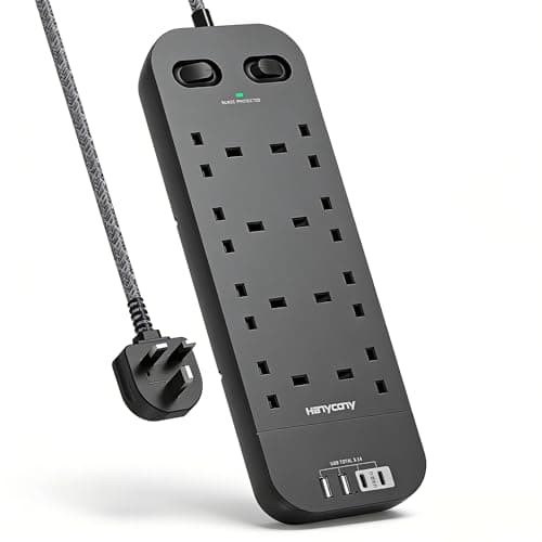 Black Extension Lead, 8 Way Outlets Power Strip with 4 USB Slots (2 USBC)