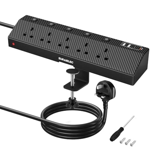 SURAIELEC Desk Extension Lead, 5 Way Desk Power Socket with Clamp, PD 20W