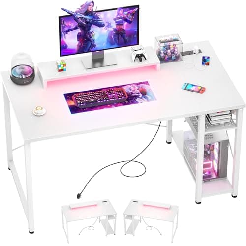 iSunirm Gaming Desk with LED Lights & Power Outlet, Reversible Computer Desk with Moveable Monitor Stand, 100x75x50CM Office Desk with USB Charging Station for Home, Bedroom, Study, White