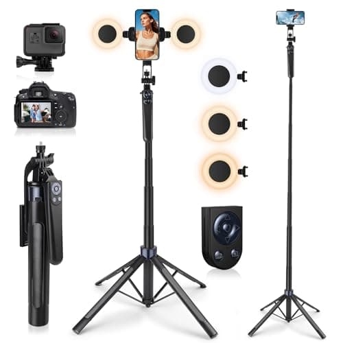 Avaspot 71" Phone Tripod with 2 LED Fill Lights & Removable Remote, All-in-One Extendable Selfie Stick Tripod for iPhone, Android & Camera, Ideal for Selfies, Vlogging & Video Recording
