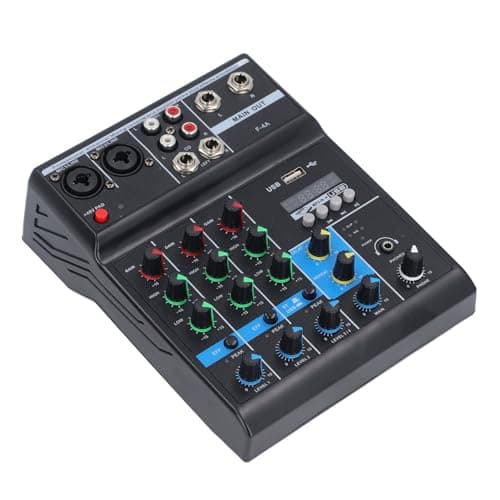 Alomejor Professional Audio Mixer, 4 Channel Sound Mixer with USB Bluetooth MP3 Input, 48V Phantom Power and 16 Bit DSP, for DJ Studio Streaming Podcast Recording Live Performance