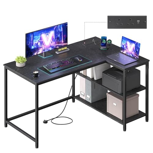 VASAGLE L Shaped Corner Desk, Computer Gaming Desk with Storage, Reversible Height-Adjustable Shelves, for Home Office, with Power Outlets 2 USB Ports, 110 x 80 cm, Ebony Black LWD131BE02