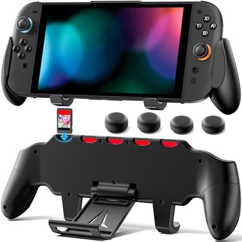 OIVO Nintendo Switch 2 Ergonomic Grip Case with Adjustable Stand, Comfort Handheld Grip for Switch 2, Anti-Slip Game Accessories with 5 Game Card Slots & 4 Thumb Caps, Black