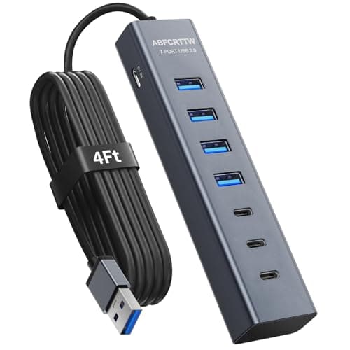 7-Port USB Hub 3.0 with 120 cm Cable for Desktop, Aluminium USB Splitter 5Gbps Multiport Adapter with 4 USB-A & 3 USB-C Port, 5V 3A Type-C Port for PC, Laptop, MacBook, U-Disk, Mouse