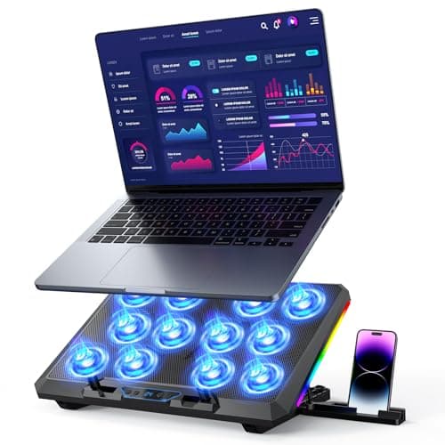 Trullypine Laptop Cooling Pad, 12 Quiet Fans, Slim Portable for 12-17.3 Inch Laptop Cooler Stand, RGB Lighting, 5 Height Adjustable, Ergonomic Gaming Cooling Fan Pad, 2 USB Ports & Phone Holder (LCD)