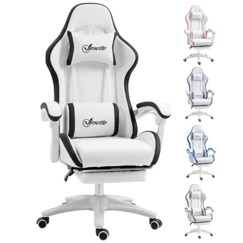 Vinsetto Gaming Chair with Reclining High Back, Footrest, White and Black | Computer Gamer Chair, Headrest, Lumbar Support, Swivel Wheels, PU Leather, Adjustable Height, for Home
