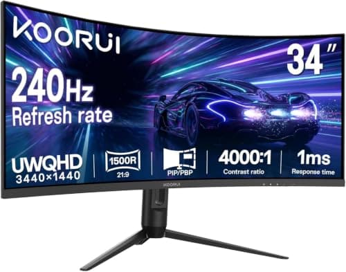 KOORUI 34 inch Curved Gaming Monitor, WQHD 240Hz, 1ms, HDR400, Ultrawide 3440x1440, 1500R VA Panel, Adaptive Sync, PIP/PBP, HDMI 2.1, DisplayPort1.4, Height Adjustment