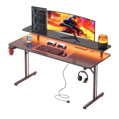 CAIYUN Gaming Desk, 120 x 50 cm Computer Desk with LED Light Strips & Power Outlets, Office Table with Full Monitor Stand Carbon Fiber Black