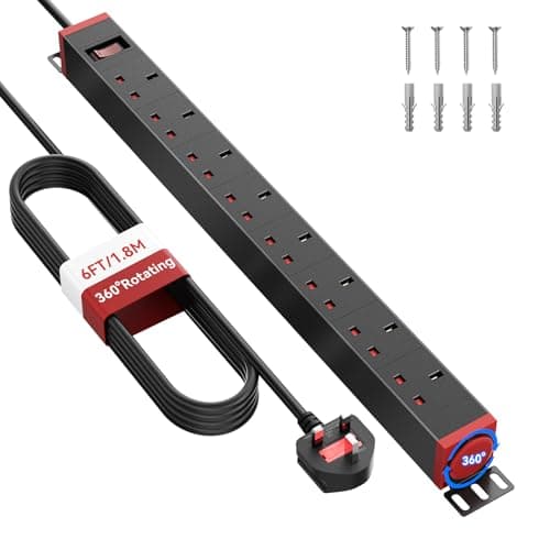 8 Way Surge Protected Extension Lead, 360° Swivel Wall Mount, 1.8 m Cable