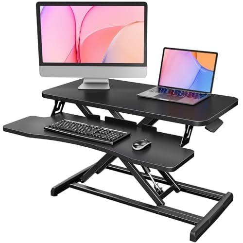 HUANUO Standing Desk Converter, 81cm/32'' Desk Riser | Large Keyboard Tray, Dual Monitor, Laptop Workstation, Easy Assembly