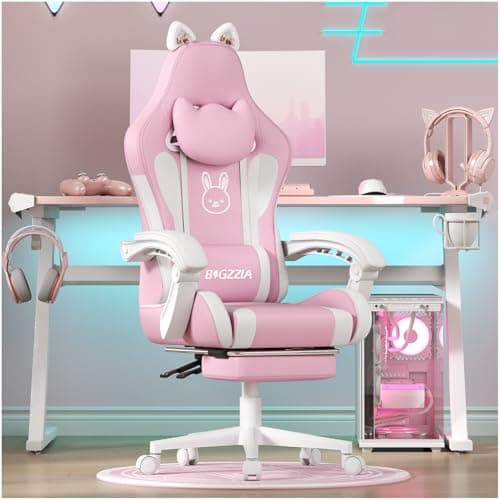 Bigzzia Gaming Chair Cute with Cat Ears and Massage Lumbar Support, Ergonomic Computer Chair for Girl with Footrest and Headrest (Pink and White)