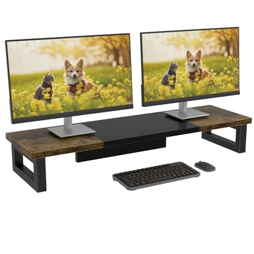 OYRREU Dual Monitor Stand Riser – 91x26cm Desk Shelf for 2 Screens Rustic