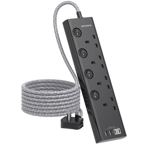 Black Extension Lead with 4 USB Slots(2 USB C), 4 Way Plug Extension Socket