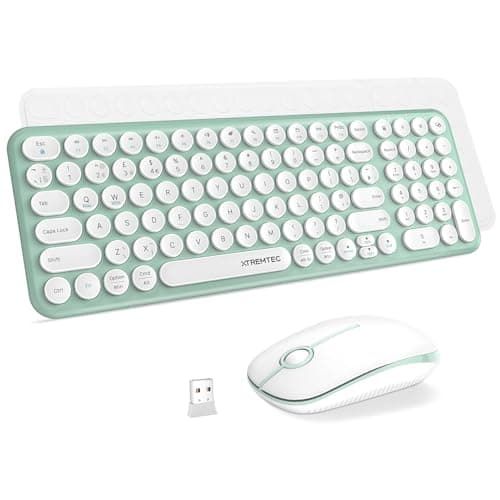 Wireless Keyboard and Mouse Set, XTREMTEC Compact Size Cute Retro Round Silent Keycap - 2.4GHz Ultra Slim Quiet Aesthetic Keyboard, UK Layout Compatible with Mac OS & Windows PC Laptop (Macaron Green)