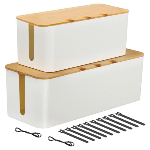 2 Cable Tidy Box, Cables Management with Reusable Ties Straps, Cable Organizer Box for Desk, Cord Storage Management with Lid,for Hiding Electric Wire Cord, Power Strip, Extension Lead White