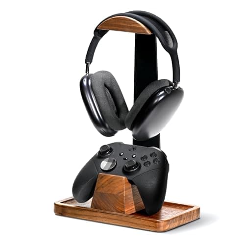 QzheMuw Walnut Wood Headset & Controller Stand, Wooden Headphone Holder, Desktop Storage Organizer, Universal Desk Accessories Compatible with PS5, PS4, Xbox One, Nintendo Switch