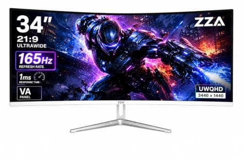 ZZA 34 Inch Ultrawide Gaming Monitor, UWQHD 3440 x 1440 Curved PC Monitor, 180Hz Refresh Rate, 1500R Curved Display, RGB Lighting, HDMI, DisplayPort, 21:9 Frameless Screen