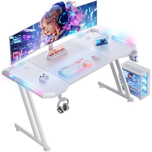 DLONGONE Gaming Desk with LED Lights, 120 x 60 cm Gamer Desk Z Shaped