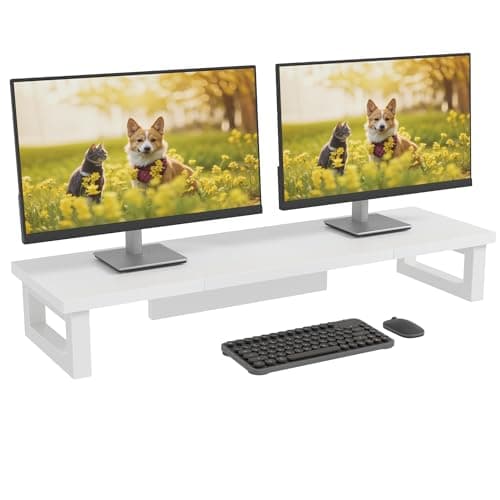 OYRREU Dual Monitor Stand Riser – 91x26cm Desk Shelf for 2 Screens White